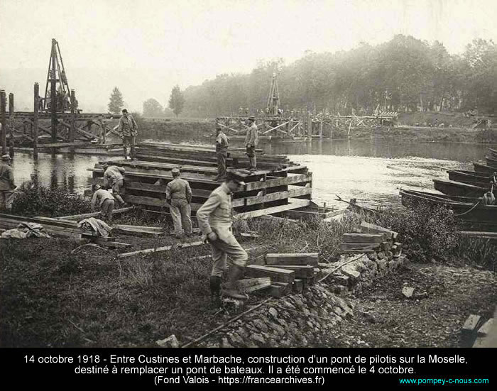 14 octobre 1918, construction d'un pont sur pilotis, sur la Moselle entre Custines et Marbache