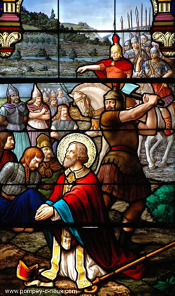 Détail d'un vitrail de l'église de Pompey représentant la décollation de Saint-Euchaire