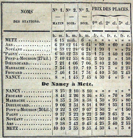 Horaires et prix des places du chemin de fer entre Nancy et Metz