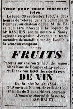 Suite au décès de M. de Lassalle, vente de fruits et de vins