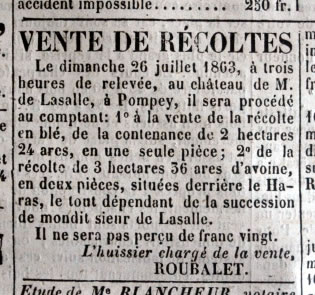 Annonce de vente de récoltes après décès de M. de Lasalle