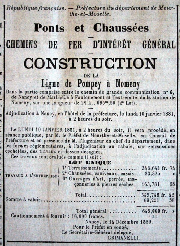 Avis de mise en adjudication des travaux de construction de la ligne de chemin de fer Pompey-Nomeny