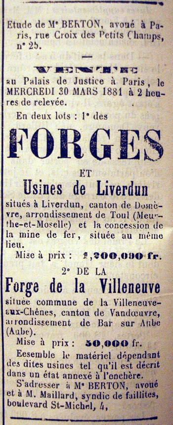 Annonce de la  vente aux enchères de la  Forge de Liverdun avec une mise à prix de 50,000 fr.
