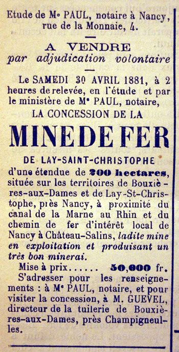 Annonce de la vente aux enchères de la mine de fer de Lay-St-Christophe