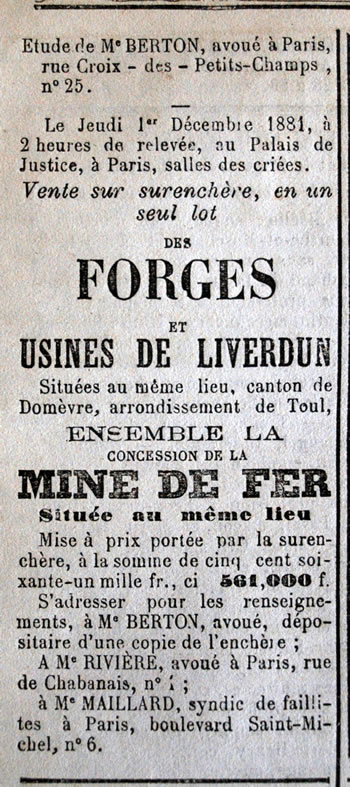 Annonce de la vente aux enchères de la forge, des usines et de la mine de fer de Liverdun