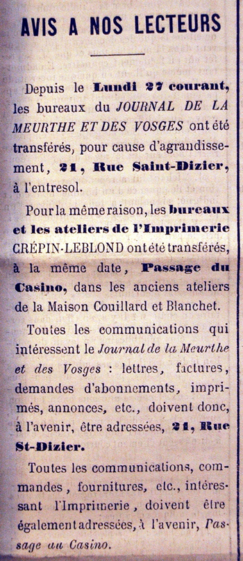 Avis de transfert des bureaux du Journal de la Meurthe et des Vosges