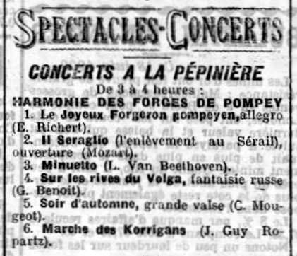 programme du concert donné par l'Harmonie de Pompey à la Pépinière à Nancy