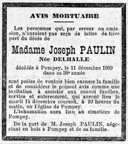 avis de décès de Madame Jospeh Paulin née Delhalle