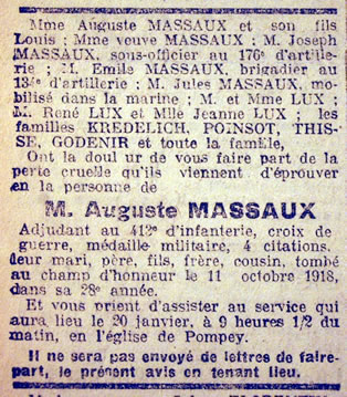 Avis de décès de Auguste MASSAUX, mort au champ d'honneur