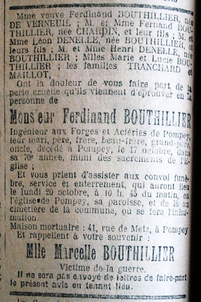 avis de décès de Ferdinand Bouthillier