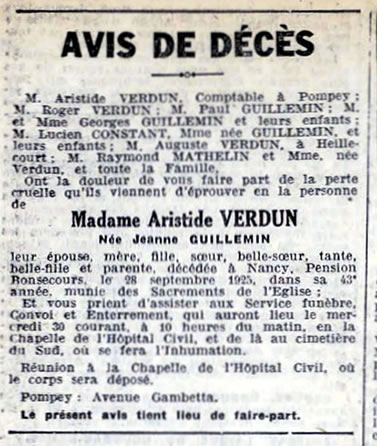 avis de décès de madame Aristide VERDUN