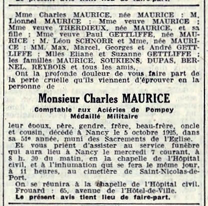 avis de décès de monsieur Charles MAURICE