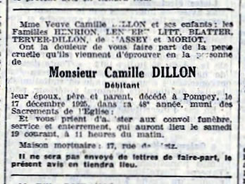 avis décès de monsieur Camille DILLON