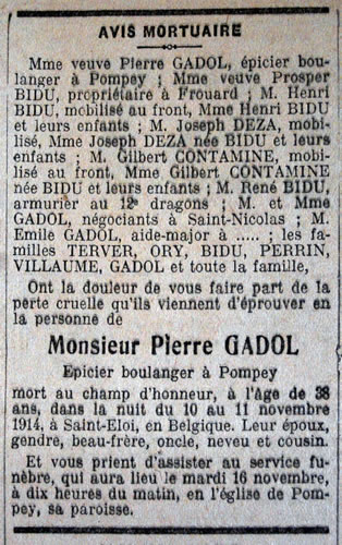 Avis de décès de Pierre GADOL, mort au champ d'honneur