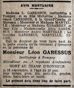 Avis de décès de Léon Garessus, mort au champ d'honneur