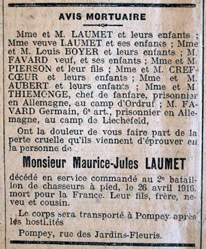Avis de décès de Maurice-Jules Laumet, mort au champ d'honneur