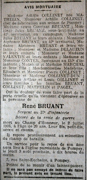Avis de décès de René Bruant, mort au champ d'honneur
