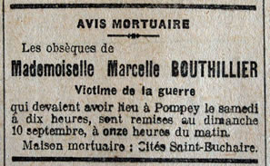 Avis de décès de Marcelle Bouthillier, repport de date d'inhumation