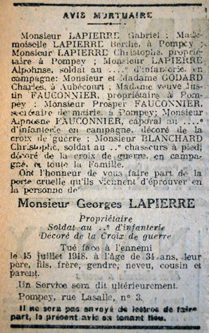 Avis mortuaire de Georges LAPIERRE