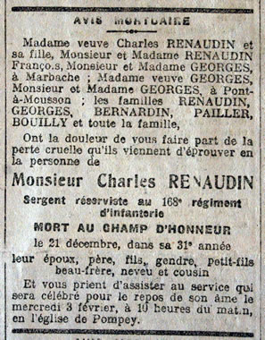 Avis de décès de Charles RENAUDIN, mort au champ d'honneur