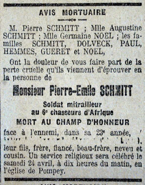 Avis de décès de Pierre-Emile SCHMITT, mort au champ d'honneur