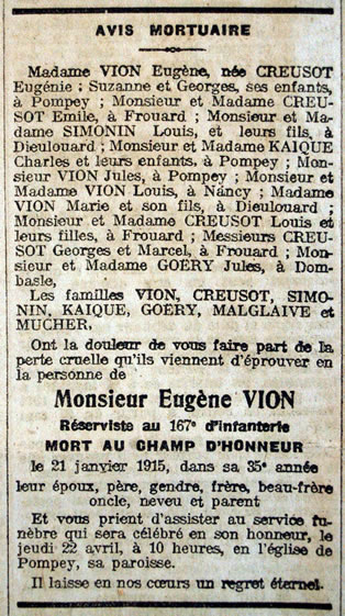 Avis de décès de Eugène VION, mort au champ d'honneur