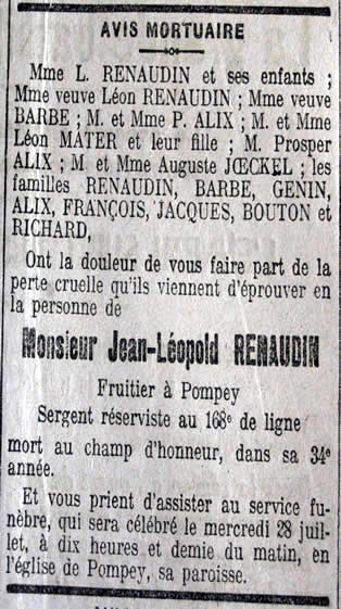 Avis de décès de Jean-Léopold RENAUDIN, mort au champ d'honneur
