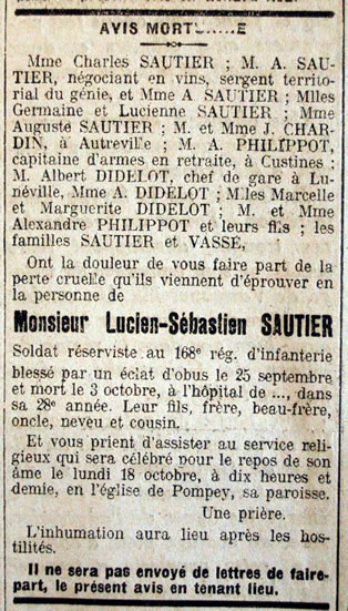 Avis de décès de Lucien-Sébastien SAUTIER, mort au champ d'honneur