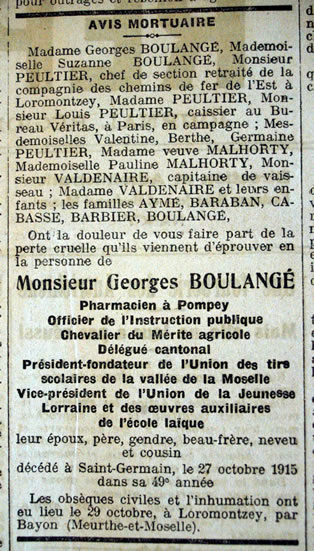 Avis de décès de George BOULANGÉ, mort au champ d'honneur