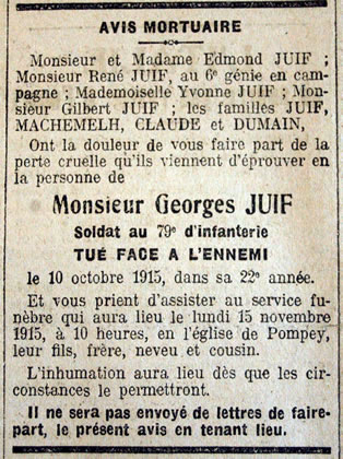 Avis de décès de Georges JUIF, mort au champ d'honneur