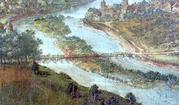Le pont de bois entre Frouard et Pompey vers 1725, détail d'un tableau du peintre lorrain Claude Jacquard (1686-1736)