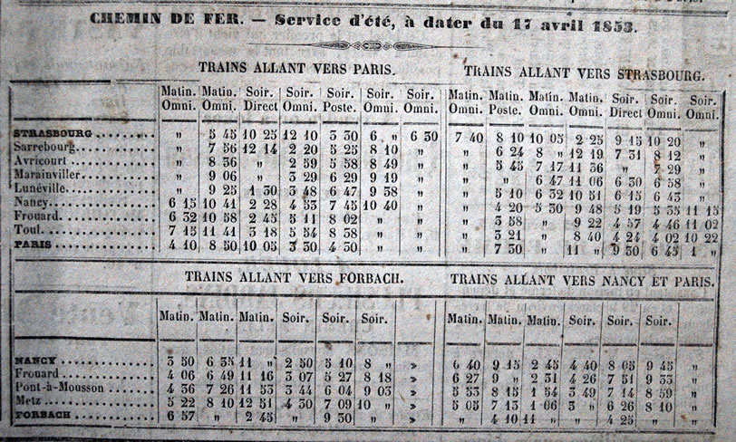 Horaires d'été des trains en avril 1853